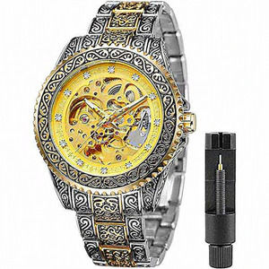 Men Gold Luxury Engraving Stainless Steel Band Luminous Automatic Skeleton Watch